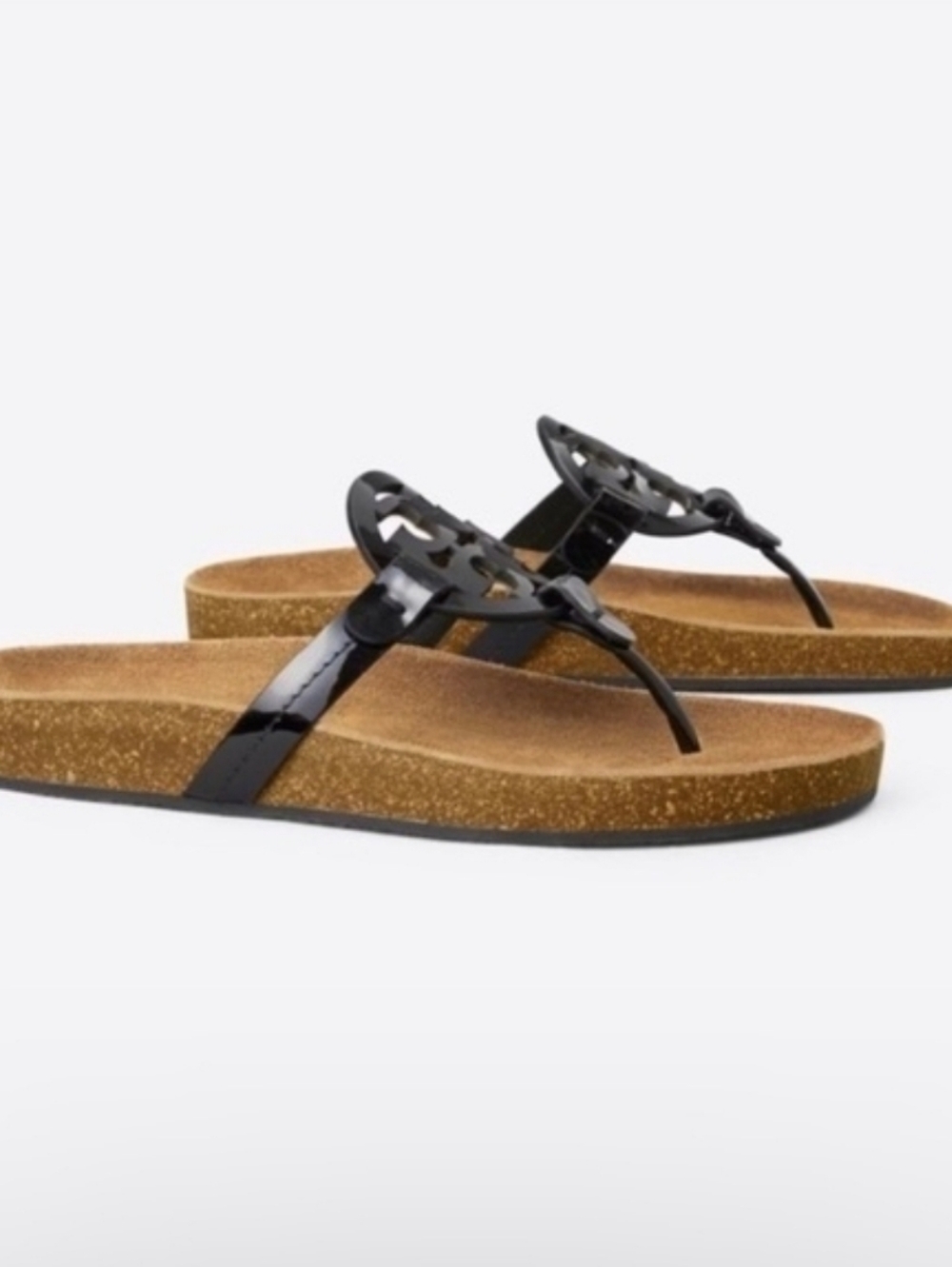 Tory Burch Miller Cloud Cork Sandals Black Patent Size 7.5